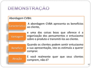 Abordagem CVBA:
A abordagem CVBA apresenta os benefícios
ao cliente,
e uma das coisas boas que oferece é a
organização dos pensamentos e entusiasmo
sobre o produto e transmiti-los ao cliente.
Quando os clientes podem sentir entusiasmo
a sua apresentação, isto os estimula a querer
comprar.
E você realmente quer que seus clientes
comprem, não é?
Característica
Vantagem
Benefício
Atração
17
 