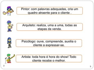 Pintor: com palavras adequadas, cria um
quadro atraente para o cliente .
Arquiteto: realiza, uma a uma, todas as
etapas da venda.
Psicólogo: ouve, compreende, auxilia o
cliente a expressar-se.
Artista: toda hora é hora do show! Todo
cliente recebe o melhor.
3 3
 