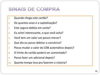 1. Quando chega este cartão?
2. De quantos anos é a capitalização?
3. Este seguro debita em conta?
4. Eu achei interessante, o que você acha?
5. Você tem um valor um pouco menor?
6. Que dia eu posso debitar o consórcio?
7. Posso mudar o valor do CDB automático depois?
8. O limite do cartão poderá ser aumentado?
9. Posso fazer um adicional depois?
10. Quanto tempo leva pra fazerem a vistoria?
30
 