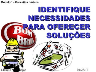 Módulo 1 - Conceitos básicos


                   IDENTIFIQUE
                 NECESSIDADES
                PARA OFERECER
                     SOLUÇÕES



Claudio V. Nasajon             01/28/13
 