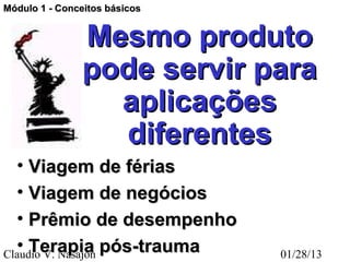 Módulo 1 - Conceitos básicos


                Mesmo produto
                pode servir para
                  aplicações
                  diferentes
  • Viagem de férias
  • Viagem de negócios
  • Prêmio de desempenho
  • Terapia pós-trauma
Claudio V. Nasajon             01/28/13
 