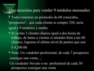 Que necesitas para vender 9 módulos mensuales
 Todos tenemos un promedio de 60 conocidos,
"prospectos", que cada cliente te compre 350, seria
 igual a 9 módulos y medio.
 Si visitas 3 clientes diarios igual a dos horas de
   trabajo, de lunes a viernes si atiendes bien a tus 60
   clientes, lograras el ultimo nivel de puntos que son
   $ 4,200.00
 Nota: Un vendedor profesional, de cada 7 prospectos
  consigue una venta, ...
  Un vendedor Novato o no profesional de cada 30
   prospectos consigue una venta
 