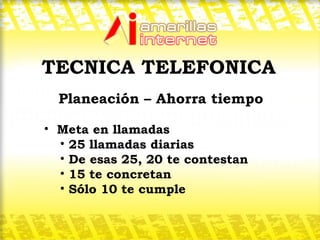 Planeación – Ahorra tiempo  Meta en llamadas 25 llamadas diarias De esas 25, 20 te contestan 15 te concretan Sólo 10 te cumple  TECNICA TELEFONICA 