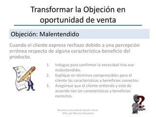Transformar la Objeción en
oportunidad de venta
Cuando el cliente expresa rechazo debido a una percepción
errónea respecto de alguna característica-beneficio del
producto.
Objeción: Malentendido
1. Indague para confirmar la necesidad tras ese
malentendido.
2. Explique en términos comprensibles para el
cliente las características y beneficios correctos.
3. Asegúrese que el cliente entienda y esté de
acuerdo con las características y beneficios
correctos.
Resumen curso método Orselli, marzo-
2014, por Mauricio Tayupanta
 