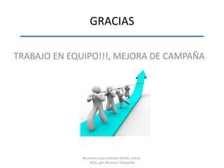 GRACIAS
TRABAJO EN EQUIPO!!!, MEJORA DE CAMPAÑA
Resumen curso método Orselli, marzo-
2014, por Mauricio Tayupanta
 