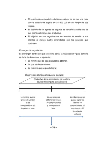 ~ 54 ~
 El objetivo de un vendedor de bienes raíces, es vender una casa
que le acaban de asignar en $4 000 000 en un tiempo de dos
meses.
 El objetivo de un agente de seguros es venderle a cada uno de
sus clientes al menos tres productos.
 El objetivo de una organizadora de eventos es vender a sus
clientes al menos cuatro amenidades con los servicios que
contraten.
El margen de negociación
Es el margen dentro del que se estima cerrar la negociación y para definirlo
se debe de determinar lo siguiente:
 Lo mínimo que se está dispuesto a obtener.
 Lo que se desea obtener.
 Lo máximo que se puede lograr.
Observe con atención el siguiente ejemplo:
El objetivo de la negociación es venderle
equipo de cómputo a una escuela
Lo mínimo que se
pretende vender
es 15
computadoras y 5
impresoras laser
Lo que se desea
obtener es vender
30 computadoras
y 10 impresoras
laser
Lo máximo que se
puede lograr es
vender 40
computadoras, 10
impresoras y 20
licencias de
software
 