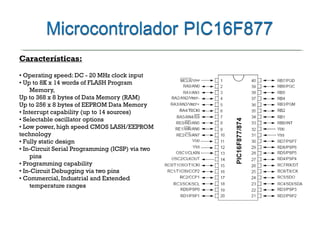 Características:

• Operating speed: DC - 20 MHz clock input
• Up to 8K x 14 words of FLASH Program
     Memory,
Up to 368 x 8 bytes of Data Memory (RAM)
Up to 256 x 8 bytes of EEPROM Data Memory
• Interrupt capability (up to 14 sources)
• Selectable oscillator options
• Low power, high speed CMOS LASH/EEPROM
technology
• Fully static design
• In-Circuit Serial Programming (ICSP) via two
     pins
• Programming capability
• In-Circuit Debugging via two pins
• Commercial, Industrial and Extended
     temperature ranges
 