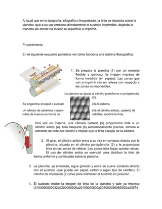 Al igual que en la tipografía, xilografía o linograbado, la tinta se deposita sobre la
plancha, que a su vez presiona directamente el sustrato imprimible, dejando la
mancha allí donde ha tocado la superficie a imprimir.



Procedimiento


En el siguiente esquema podemos ver cómo funciona una rotativa flexográfica:




                                      1. Se prepara la plancha (1) con un material
                                         flexible y gomoso; la imagen impresa de
                                         forma invertida (en espejo). Las zonas que
                                         van a imprimir van en relieve con respecto a
                                         las zonas no imprimibles.

                                  La plancha se ajusta al cilindro portaforma o portaplancha
                                                       (2).

Se engancha el papel o sustrato                        (3) al sistema.

Un cilindro de cerámica o acero                        (4) (el cilindro anilox), cubierto de
miles de huecos en forma de                            celdillas, recibirá la tinta.


         Una vez en marcha, una cámara cerrada (5) proporciona tinta a un
         cilindro anilox (4). Una rasqueta (6) extremadamente precisa, elimina el
         sobrante de tinta del cilindro e impide que la tinta escape de la cámara.


             2. Al girar, el cilindro anilox entra a su vez en contacto directo con la
                plancha, situada en el cilindro portaplancha (2) y le proporciona
                tinta en las zonas de relieve. Las zonas más bajas quedan secas.
                El uso del cilindro anilox es esencial para distribuir la tinta de
        forma uniforme y continuada sobre la plancha.


    3. La plancha, ya entintada, sigue girando y entra en suave contacto directo
       con el sustrato (que puede ser papel, cartón o algún tipo de celofán). El
       cilindro de impresión (7) sirve para mantener el sustrato en posición.


    4. El sustrato recibe la imagen de tinta de la plancha y sale ya impreso
       (0100090000032a0200000200a20100000000a201000026060f003a03574
 