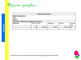 Algunos ejemplos…. Generalmente  para realizar la valoración de las producciones de los niños. Escala de Valoración Datos Informativos: Área: Fecha: Actividad o trabajo del estudiante (producto): Alumnos Nada Poco Bastante Mucho demasiado Mal Regular Bueno Muy bueno 