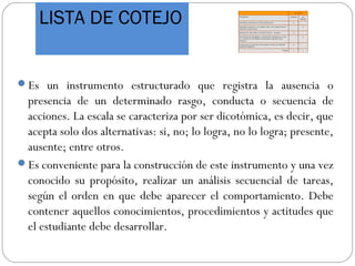 LISTA DE COTEJO
Es un instrumento estructurado que registra la ausencia o
presencia de un determinado rasgo, conducta o secuencia de
acciones. La escala se caracteriza por ser dicotómica, es decir, que
acepta solo dos alternativas: si, no; lo logra, no lo logra; presente,
ausente; entre otros.
Es conveniente para la construcción de este instrumento y una vez
conocido su propósito, realizar un análisis secuencial de tareas,
según el orden en que debe aparecer el comportamiento. Debe
contener aquellos conocimientos, procedimientos y actitudes que
el estudiante debe desarrollar.
 