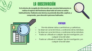 Es la técnica de recogida de información que consiste básicamente en
realiza el registro del fenómeno observado tal como se realiza
habitualmente. Mediante esta técnica se pretende describir, explicar, y
comprender, para descubrir patrones habituales.
LA OBSERVACIÓN
VENTAJAS
Permite obtener datos cuantitativos y cualitativos.
Se observan características y condiciones de los individuos.
Se observan características y condiciones de los individuos.
Puede ser utilizada en cualquier tipo de investigación y en
cualquier área del saber.
Puede ser utilizada en cualquier tipo de investigación y en
cualquier área del saber.
 