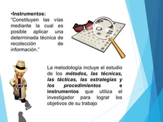 •Instrumentos:
“Constituyen las vías
mediante la cual es
posible aplicar una
determinada técnica de
recolección de
informa...