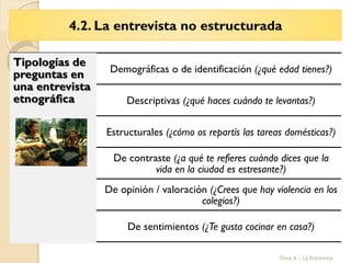 Tema 6 – La Entrevista
4.2. La entrevista no estructurada
Tipologías de
preguntas en
una entrevista
etnográfica
Demográficas o de identificación (¿qué edad tienes?)
Descriptivas (¿qué haces cuándo te levantas?)
Estructurales (¿cómo os repartís las tareas domésticas?)
De contraste (¿a qué te refieres cuándo dices que la
vida en la ciudad es estresante?)
De opinión / valoración (¿Crees que hay violencia en los
colegios?)
De sentimientos (¿Te gusta cocinar en casa?)
 