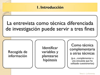 Tema 6 – La Entrevista
La entrevista como técnica diferenciada
de investigación puede servir a tres fines
Recogida de
información
Identificar
variables y
plantearse
hipótesis
Como técnica
complementaria
a otras técnicas
(p.e. , complementar a
una encuesta que ha
utilizado cuestionarios)
1. Introducción
 