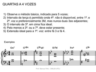 QUARTAS A 4 VOZES

1) Observe o método básico, indicado para 5 vozes;
2) Intervalo de terça é permitido onde 4ª. não é disponível, entre 1ª. e
   2ª. voz e preferencialmente 3M, mas nunca duas 3as adjacentes;
3) O intervalo de 3ª. em cima fica ideal;
4) Pelo menos a 3ª. ou a 7ª. deve estar presente;
5) Extensão ideal para a 1ª. voz: entre fá 3 e fá 4.


Exemplos




                           Prof. Marcos Filho - DMUSI-UFSJ
 