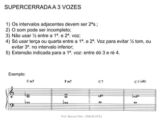 SUPERCERRADA A 3 VOZES

1) Os intervalos adjacentes devem ser 2ªs.;
2) O som pode ser incompleto;
3) Não usar ½ entre a 1ª. e 2ª. voz;
4) Só usar terça ou quarta entre a 1ª. e 2ª. Voz para evitar ½ tom, ou
   evitar 3ª. no intervalo inferior;
5) Extensão indicada para a 1ª. voz: entre dó 3 e ré 4.



 Exemplo:




                          Prof. Marcos Filho - DMUSI-UFSJ
 
