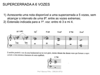 SUPERCERRADA A 6 VOZES

1) Acrescente uma nota disponível a uma supercerrada a 5 vozes, sem
   alcançar o intervalo de uma 8ª. entre as vozes extremas;
2) Extensão indicada para a 1ª. voz: entre ré 3 e mi 4.




                        Prof. Marcos Filho - DMUSI-UFSJ
 
