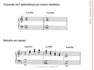 P R O F. M A R C O S F I L H O
Trocando Im7 eólio/dórico por menor melódico




Melodia em arpejo




                        Prof. Marcos Filho - DMUSI-UFSJ
 