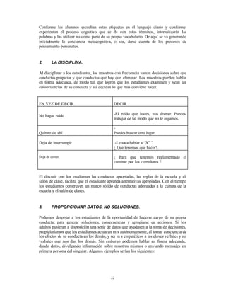 Conforme los alumnos escuchan estas etiquetas en el lenguaje diario y conforme
experientan el proceso cognitivo que se da con estos términos, internalizarán las
palabras y las utilizar no como parte de su propio vocabulario. De aqu´ se va generando
inicialmente la conciencia metacognitiva, o sea, darse cuenta de los procesos de
pensamiento personales.


2.       LA DISCIPLINA.

Al disciplinar a los estudiantes, los maestros con frecuencia toman decisiones sobre que
conductas propiciar y que conductas que hay que eliminar. Los maestros pueden hablar
en forma adecuada, de modo tal, que logren que los estudiantes examinen y vean las
consecuencias de su conducta y asi decidan lo que mas conviene hacer.



EN VEZ DE DECIR                              DECIR

No hagas ruido                               -El ruido que haces, nos distrae. Puedes
                                             trabajar de tal modo que no te oigamos.

                                             -
Quítate de ahí....                           Puedes buscar otro lugar.

Deja de interrumpir                           -Le toca hablar a “X” ¨
                                             ¿ Que tenemos que hacer?.

Deja de correr.                              ¿ Para que tenemos reglamentado el
                                             caminar por los corredores ?.


El discutir con los esudiantes las conductas apropiadas, las reglas de la escuela y el
salón de clase, facilita que el estudiante aprenda alternativas apropiadas. Con el tiempo
los estudiantes construyen un marco sólido de conductas adecuadas a la cultura de la
escuela y el salón de clases.


3.       PROPORCIONAR DATOS, NO SOLUCIONES.

Podemos despojar a los estudiantes de la oportunidad de hacerse cargo de su propia
conducta; para generar soluciones, consecuencias y apropiarse de acciones. Si los
adultos pusieran a disposición una serie de datos que ayudasen a la toma de decisiones,
propiciaríamos que los estudiantes actuaran m s autónomamente, al tomar conciencia de
los efectos de su conducta en los demás, y ser m s empatéticos a las claves verbales y no
verbales que nos dan los demás. Sin embargo podemos hablar en forma adecuada,
dando datos, divulgando información sobre nosotros mismos o enviando mensajes en
primera persona del singular. Algunos ejemplos serían los siguientes:




                                           22
 