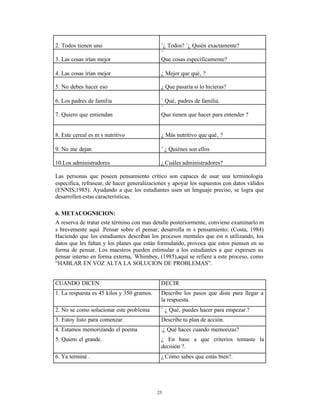 2. Todos tienen uno                          ¨¿ Todos? ¨¿ Quién exactamente?
                                             ¨
3. Las cosas irían mejor                     Que cosas específicamente?

4. Las cosas irían mejor                     ¿ Mejor que qué‚ ?

5. No debes hacer eso                        ¿ Que pasaría si lo hicieras?

6. Los padres de familia                     ¨ Qué‚ padres de familia.
                                             ¨
7. Quiero que entiendan                      Que tienen que hacer para entender ?


8. Este cereal es m s nutritivo              ¿ Más nutritivo que qué‚ ?

9. No me dejan                               ¨ ¿ Quiénes son ellos

10.Los administradores                       ¿ Cuáles administradores?

Las personas que poseen pensamiento crítico son capaces de usar una terminología
especifica, refrasear, de hacer generalizaciones y apoyar los supuestos con datos válidos
(ENNIS,1985). Ayudando a que los estudiantes usen un lenguaje preciso, se logra que
desarrollen estas características.

6. METACOGNICION:
A reserva de tratar este término con mas detalle posteriormente, conviene examinarlo m
s brevemente aquí .Pensar sobre el pensar, desarrolla m s pensamiento; (Costa, 1984)
Haciendo que los estudiantes describan los procesos mentales que est n utilizando, los
datos que les faltan y los planes que están formulando, provoca que estos piensen en su
forma de pensar. Los maestros pueden estimular a los estudiantes a que expresen su
pensar interno en forma externa, Whimbey, (1985),aquí se refiere a este proceso, como
“HABLAR EN VOZ ALTA LA SOLUCION DE PROBLEMAS”.


CUANDO DICEN                                 DECIR
1. La respuesta es 45 kilos y 350 gramos.    Describe los pasos que diste para llegar a
                                             la respuesta.
2. No se como solucionar este problema       ¨ ¿ Qué‚ puedes hacer para empezar.?
3. Estoy listo para comenzar.                Describe tu plan de acción.
4. Estamos memorizando el poema              .¿ Qué haces cuando memorizas?
5. Quiero el grande.                         ¿ En base a que criterios tomaste la
                                             decisión ?.
6. Ya terminé .                              ¿ Cómo sabes que estás bien?.




                                            25
 