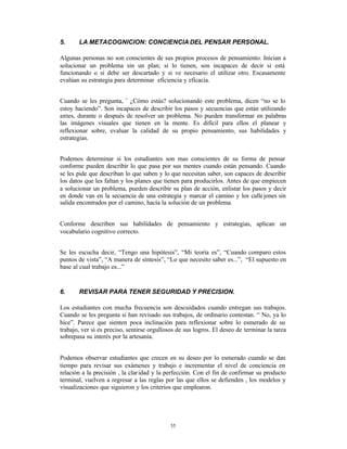5.     LA METACOGNICION: CONCIENCIA DEL PENSAR PERSONAL.

Algunas personas no son conscientes de sus propios procesos de pensamiento. Inician a
solucionar un problema sin un plan; si lo tienen, son incapaces de decir si está
funcionando o si debe ser descartado y si ve necesario el utilizar otro. Escasamente
evalúan su estrategia para determinar eficiencia y eficacia.


Cuando se les pregunta, ¨ ¿Cómo estás? solucionando este problema, dicen “no se lo
estoy haciendo”. Son incapaces de describir los pasos y secuencias que están utilizando
antes, durante o después de resolver un problema. No pueden transformar en palabras
las imágenes visuales que tienen en la mente. Es difícil para ellos el planear y
reflexionar sobre, evaluar la calidad de su propio pensamiento, sus habilidades y
estrategias.


Podemos determinar si los estudiantes son mas conscientes de su forma de pensar
conforme pueden describir lo que pasa por sus mentes cuando están pensando. Cuando
se les pide que describan lo que saben y lo que necesitan saber, son capaces de describir
los datos que les faltan y los planes que tienen para producirlos. Antes de que empiecen
a solucionar un problema, pueden describir su plan de acción, enlistar los pasos y decir
en donde van en la secuencia de una estrategia y marcar el camino y los calle jones sin
salida encontrados por el camino, hacía la solución de un problema.


Conforme describen sus habilidades de pensamiento y estrategias, aplican un
vocabulario cognitivo correcto.


Se les escucha decir, “Tengo una hipótesis”, “Mi teoría es”, “Cuando comparo estos
puntos de vista”, “A manera de síntesis”, “Lo que necesito saber es...”, “El supuesto en
base al cual trabajo es...”


6.     REVISAR PARA TENER SEGURIDAD Y PRECISION.

Los estudiantes con mucha frecuencia son descuidados cuando entregan sus trabajos.
Cuando se les pregunta si han revisado sus trabajos, de ordinario contestan. “ No, ya lo
hice”. Parece que sienten poca inclinación para reflexionar sobre lo esmerado de su
trabajo, ver si es preciso, sentirse orgullosos de sus logros. El deseo de terminar la tarea
sobrepasa su interés por la artesanía.


Podemos observar estudiantes que crecen en su deseo por lo esmerado cuando se dan
tiempo para revisar sus exámenes y trabajo e incrementar el nivel de conciencia en
relación a la precisión , la clar idad y la perfección. Con el fin de confirmar su producto
terminal, vuelven a regresar a las reglas por las que ellos se defienden , los modelos y
visualizaciones que siguieron y los criterios que emplearon.




                                            55
 