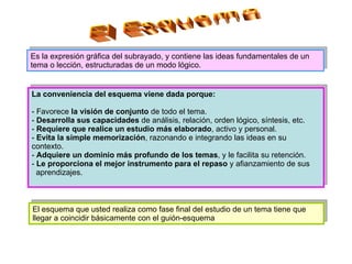 El Esquema Es la expresión gráfica del subrayado, y contiene las ideas fundamentales de un tema o lección, estructuradas de un modo lógico. La conveniencia del esquema viene dada porque: - Favorece  la visión de conjunto  de todo el tema. -  Desarrolla sus capacidades  de análisis, relación, orden lógico, síntesis, etc. -  Requiere que realice un estudio más elaborado , activo y personal. -  Evita la simple memorización , razonando e integrando las ideas en su contexto. -  Adquiere un dominio más profundo de los temas , y le facilita su retención. -  Le proporciona el mejor instrumento para el repaso  y afianzamiento de sus  aprendizajes. El esquema que usted realiza como fase final del estudio de un tema tiene que llegar a coincidir básicamente con el guión-esquema 