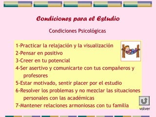 Condiciones para el Estudio
1-Practicar la relajación y la visualización
2-Pensar en positivo
3-Creer en tu potencial
4-Ser asertivo y comunicarte con tus compañeros y
profesores
5-Estar motivado, sentir placer por el estudio
6-Resolver los problemas y no mezclar las situaciones
personales con las académicas
7-Mantener relaciones armoniosas con tu familia
Condiciones Psicológicas
volver
 