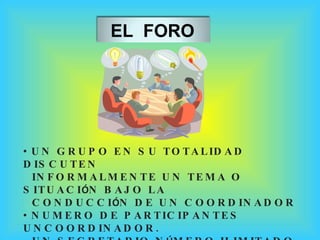 <ul><li>UN GRUPO EN SU TOTALIDAD DISCUTEN  </li></ul><ul><li>INFORMALMENTE UN TEMA O SITUACI Ó N BAJO LA  </li></ul><ul><l...