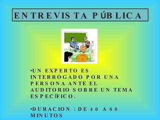 <ul><li>UN EXPERTO ES INTERROGADO POR UNA PERSONA ANTE EL AUDITORIO SOBRE UN TEMA ESPEC Í FICO.  </li></ul><ul><li>DURACIO...