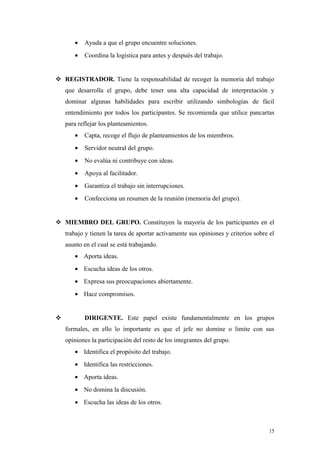 •   Ayuda a que el grupo encuentre soluciones.
       •   Coordina la logística para antes y después del trabajo.


 REGISTRADOR. Tiene la responsabilidad de recoger la memoria del trabajo
    que desarrolla el grupo, debe tener una alta capacidad de interpretación y
    dominar algunas habilidades para escribir utilizando simbologías de fácil
    entendimiento por todos los participantes. Se recomienda que utilice pancartas
    para reflejar los planteamientos.
       •   Capta, recoge el flujo de planteamientos de los miembros.
       •   Servidor neutral del grupo.
       •   No evalúa ni contribuye con ideas.
       •   Apoya al facilitador.
       •   Garantiza el trabajo sin interrupciones.
       •   Confecciona un resumen de la reunión (memoria del grupo).


 MIEMBRO DEL GRUPO. Constituyen la mayoría de los participantes en el
    trabajo y tienen la tarea de aportar activamente sus opiniones y criterios sobre el
    asunto en el cual se está trabajando.
       • Aporta ideas.
       • Escucha ideas de los otros.
       • Expresa sus preocupaciones abiertamente.
       • Hace compromisos.


          DIRIGENTE. Este papel existe fundamentalmente en los grupos
    formales, en ello lo importante es que el jefe no domine o limite con sus
    opiniones la participación del resto de los integrantes del grupo.
       • Identifica el propósito del trabajo.
       • Identifica las restricciones.
       • Aporta ideas.
       • No domina la discusión.
       • Escucha las ideas de los otros.



                                                                                     15
 