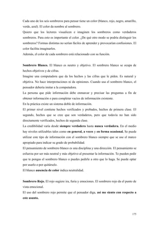 Cada uno de los seis sombreros para pensar tiene un color (blanco, rojo, negro, amarillo,
verde, azul). El color da nombre al sombrero.
Quiero que los lectores visualicen e imaginen los sombreros como verdaderos
sombreros. Para esto es importante el color. ¿De qué otro modo se podría distinguir los
sombreros? Formas distintas no serían fáciles de aprender y provocarían confusiones. El
color facilita imaginarlos.
Además, el color de cada sombrero está relacionado con su función.


Sombrero Blanco. El blanco es neutro y objetivo. El sombrero blanco se ocupa de
hechos objetivos y de cifras.
Imagine una computadora que da los hechos y las cifras que le piden. Es natural y
objetiva. No hace interpretaciones ni da opiniones. Cuando usa el sombrero blanco, el
pensador debería imitar a la computadora.
La persona que pide información debe enmarcar y precisar las preguntas a fin de
obtener información o para completar vacíos de información existente.
En la práctica existe un sistema doble de información.
El primer nivel contiene hechos verificados y probados, hechos de primera clase. El
segundo, hechos que se cree que son verdaderos, pero que todavía no han sido
directamente verificados, hechos de segunda clase.
La credibilidad varía desde siempre verdadera hasta nunca verdadera. En el medio
hay niveles utilizables tales como en general, a veces y en forma ocasional. Se puede
utilizar este tipo de información con el sombrero blanco siempre que se use el marco
apropiado para indicar su grado de probabilidad.
El pensamiento de sombrero blanco es una disciplina y una dirección. El pensamiento se
esfuerza por ser más neutral y más objetivo al presentar la información. Te pueden pedir
que te pongas el sombrero blanco o puedes pedirle a otro que lo haga. Se puede optar
por usarlo o por quitárselo.
El blanco ausencia de color indica neutralidad.


Sombrero Rojo. El rojo sugiere ira, furia y emociones. El sombrero rojo da el punto de
vista emocional.
El uso del sombrero rojo permite que el pensador diga, así me siento con respecto a
este asunto.



                                                                                     175
 