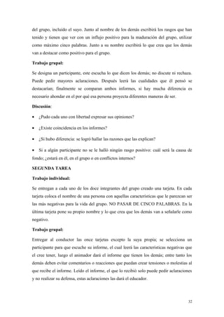 del grupo, incluido el suyo. Junto al nombre de los demás escribirá los rasgos que han
tenido y tienen que ver con un influjo positivo para la maduración del grupo, utilizar
como máximo cinco palabras. Junto a su nombre escribirá lo que crea que los demás
van a destacar como positivo para el grupo.

Trabajo grupal:

Se designa un participante, este escucha lo que dicen los demás; no discute ni rechaza.
Puede pedir mayores aclaraciones. Después leerá las cualidades que él pensó se
destacarían; finalmente se comparan ambos informes, si hay mucha diferencia es
necesario ahondar en el por qué esa persona proyecta diferentes maneras de ser.

Discusión:

•   ¿Pudo cada uno con libertad expresar sus opiniones?

•   ¿Existe coincidencia en los informes?

•   ¿Si hubo diferencia: se logró hallar las razones que las explican?

•   Si a algún participante no se le halló ningún rasgo positivo: cuál será la causa de
fondo; ¿estará en él, en el grupo o en conflictos internos?

SEGUNDA TAREA

Trabajo individual:

Se entregan a cada uno de los doce integrantes del grupo creado una tarjeta. En cada
tarjeta coloca el nombre de una persona con aquellas características que le parezcan ser
las más negativas para la vida del grupo. NO PASAR DE CINCO PALABRAS. En la
última tarjeta pone su propio nombre y lo que crea que los demás van a señalarle como
negativo.

Trabajo grupal:

Entregar al conductor las once tarjetas excepto la suya propia; se selecciona un
participante para que escuche su informe, el cual leerá las características negativas que
el cree tener, luego el animador dará el informe que tienen los demás; entre tanto los
demás deben evitar comentarios o reacciones que puedan crear tensiones o molestias al
que recibe el informe. Leído el informe, el que lo recibió solo puede pedir aclaraciones
y no realizar su defensa, estas aclaraciones las dará el educador.




                                                                                      32
 