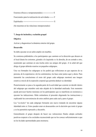 Externos (físicos o temperamentales) ---------------- E

Funcionales para la realización de actividades ------ F

Espirituales ----------------------------------------------- S

(Se muestran en las relaciones interpersonales)



7. Juego de inclusión y exclusión grupal

Objetivo

Activar y diagnosticar la dinámica interior del grupo.

Desarrollo

Se debe ejecutar en un salón amplio sin muebles.

Se comienza pidiéndoles a los participantes que caminen en la dirección que deseen en
el local (hasta los extremos, girando a la izquierda o a la derecha, de un costado a otro,
asumiendo que caminan en una trocha entre sus amigos del grupo. A la señal del que
dirige el grupo deberán reunirse en pequeños subgrupos.

Una vez formados los subgrupos se les pedirá que reflexionen en que aspectos de su
persona, de la experiencia o de los sentimientos, los hace estar juntos aquí y ahora. Para
transmitir las conclusiones al resto del grupo cada subgrupo mostrará una imagen
creativa a través de la expresión corporal que permita deducir su identidad.

Posteriormente se pasa a la segunda parte de la actividad que consiste en decidir dentro
del subgrupo que miembro está más alejado de la identidad analizada. Este momento
puede provocar fuertes tensiones en los participantes que se manifiesta en resistencia a
ejecutar las indicaciones. Debe estimularse el proceder aligerando las instrucciones y
explicando las conveniencias de estos análisis para cada cual y para el grupo.

Los "excluidos" de cada subgrupo formarán uno nuevo tratando de encontrar alguna
identidad entre sí. Estos pueden estar en desacuerdos con la decisión que tomó el grupo
y se les permitirá expresarlo y discutirlo.

Generalmente el grupo después de hacer sus valoraciones finales adopta actitudes
positivas respecto a los excluidos reconociendo que no los conoce suficientemente o que
no les ha dado oportunidades para mostrarse.



                                                                                        60
 