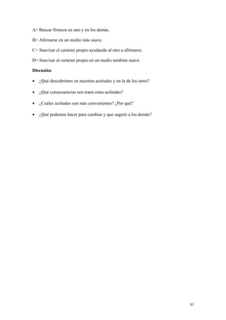 A= Buscar firmeza en uno y en los demás.

B= Afirmarse en un medio más suave.

C= Suavizar el carácter propio ayudando al otro a afirmarse.

D= Suavizar al carácter propio en un medio también suave.

Discusión:

•   ¿Qué descubrimos en nuestras actitudes y en la de los otros?

•   ¿Qué consecuencias nos traen estas actitudes?

•   ¿Cuáles actitudes son más convenientes? ¿Por qué?

•   ¿Qué podemos hacer para cambiar y que sugerir a los demás?




                                                                   83
 