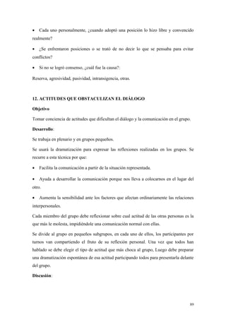 •   Cada uno personalmente, ¿cuando adoptó una posición lo hizo libre y convencido
realmente?

•   ¿Se enfrentaron posiciones o se trató de no decir lo que se pensaba para evitar
conflictos?

•   Si no se logró consenso, ¿cuál fue la causa?:

Reserva, agresividad, pasividad, intransigencia, otras.



12. ACTITUDES QUE OBSTACULIZAN EL DIÁLOGO

Objetivo

Tomar conciencia de actitudes que dificultan el diálogo y la comunicación en el grupo.

Desarrollo:

Se trabaja en plenario y en grupos pequeños.

Se usará la dramatización para expresar las reflexiones realizadas en los grupos. Se
recurre a esta técnica por que:

•   Facilita la comunicación a partir de la situación representada.

•   Ayuda a desarrollar la comunicación porque nos lleva a colocarnos en el lugar del
otro.

•   Aumenta la sensibilidad ante los factores que afectan ordinariamente las relaciones
interpersonales.

Cada miembro del grupo debe reflexionar sobre cual actitud de las otras personas es la
que más le molesta, impidiéndole una comunicación normal con ellas.

Se divide al grupo en pequeños subgrupos, en cada uno de ellos, los participantes por
turnos van compartiendo el fruto de su reflexión personal. Una vez que todos han
hablado se debe elegir el tipo de actitud que más choca al grupo, Luego debe preparar
una dramatización espontánea de esa actitud participando todos para presentarla delante
del grupo.

Discusión:




                                                                                     89
 