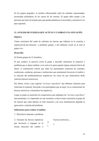 En los grupos pequeños: se termina reflexionando sobre las actitudes representadas,
procurando profundizar en las causas de las mismas. El grupo debe ayudar a las
personas que tiene tal actitud, para que puedan plantearse la necesidad y encontrar la vía
para superarla.



13. ANÁLISIS DE FUERZAS QUE ACTÚAN Y CAMBIAN UNA SITUACIÓN

Objetivo

Tomar conciencia del modo de enfrentar las fuerzas que influyen en la creación y
superación de una situación o problema grupal, o del ambiente social en el cual el
grupo vive.

Desarrollo:

Se forman grupos de 12 miembros.

El que conduce el ejercicio invita al grupo a describir claramente la situación o
problema que se desea cambiar o a la cual se le quiera aportar alguna solución (lluvia de
ideas). A continuación solicita que todos los participantes enumeren las actitudes,
condiciones, conductas, personas e instituciones que actualmente favorecen el cambio y
la solución del problema(fuerzas impulsivas) así como las que obstaculizan dicha
solución (fuerzas restrictivas).

Por último, invita a que sugieran "acciones específicas" que deberían realizarse para
solucionar la situación. Recuerde a los participantes que la mejor vía es contrarrestar las
fuerzas restrictivas e intensificar las impulsivas.

Luego en grupo se asumirían los compromisos que impliquen las "acciones específicas"
más pertinentes. Lo importante en este momento es hacer tomar conciencia al grupo de
las fuerzas que están latentes en toda situación y de cuya manifestación depende la
agravación o solución del problema.

Indicaciones para realizar el análisis:

1.- Describa la situación o problema.

2.- Enumere las fuerzas impulsivas                    Fuerzas restrictivas....
                                            S
que favorecen o empujan en la                         1.
                                            I
misma dirección del cambio o


                                                                                        90
 