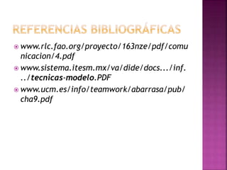  www.rlc.fao.org/proyecto/163nze/pdf/comu
nicacion/4.pdf
 www.sistema.itesm.mx/va/dide/docs.../inf.
../tecnicas-modelo.PDF
 www.ucm.es/info/teamwork/abarrasa/pub/
cha9.pdf
 
