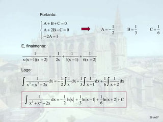 












1
2A
0
C
2B
A
0
C
B
A
Portanto:
6
1
C
3
1
B
2
1
A 



2)
6(x
1
1)
3(x
1
2x
1
2)
1)(x
(x
x
1








E, finalmente:
Logo:
dx
2
x
1
6
1
dx
1
x
1
3
1
dx
x
1
2
1
dx
2x
x
x
1
2
3 


 







C
2
x
ln
6
1
1
x
ln
3
1
x
ln
2
1
dx
2x
x
x
1
2
3










36 de37
 