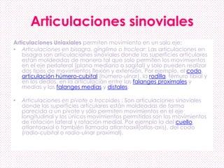Articulaciones sinoviales
Articulaciones Uniaxiales permiten movimiento en un solo eje:
• Articulaciones en bisagra, gínglimo o troclear: Las articulaciones en
bisagra son articulaciones sinoviales donde las superficies articulares
están moldeadas de manera tal que solo permiten los movimientos
en el eje perlateral (plano mediano o sagital) y solo pueden realizar
dos tipos de movimientos flexión y extensión. Por ejemplo, el codo,
articulación húmero-cubital (húmero-ulnar), la rodilla, fémuro tibial y
en los dedos, en la articulación entre las falanges proximales y
medias y las falanges medias y distales.
• Articulaciones en pivote o trocoides : Son articulaciones sinoviales
donde las superficies articulares están moldeadas de forma
parecida a un pivote y sólo permiten movimientos en el eje
longitudinal y los únicos movimientos permitidos son los movimientos
de rotación lateral y rotación medial. Por ejemplo la del cuello,
atlantoaxial o también llamada atlantoaxil(atlas-axis), del codo
(radio-cubital o radio-ulnar proximal).
 