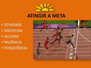 ATINGIR A META
ATIVIDADE
DISCIPLINA
AJUSTAR
PACIÊNCIA
PERSISTÊNCIA
 