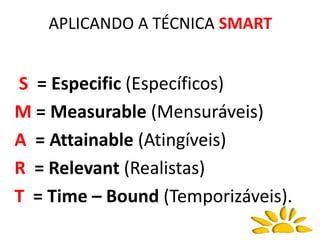 APLICANDO A TÉCNICA SMART
S = Especific (Específicos)
M = Measurable (Mensuráveis)
A = Attainable (Atingíveis)
R = Relevant (Realistas)
T = Time – Bound (Temporizáveis).
 