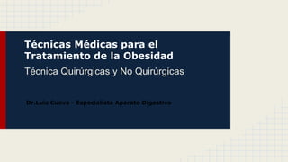 Tratamiento de la Obesidad 
Técnica Quirúrgicas 
Dr.Luis Cueva - Especialista Aparato Digestivo 
balongastricomalaga.drcuevadigestivo.com 
 