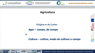 Agricultura
Origina-se do Latim:
Ager – campo, do campo
+
Culture – cultivo, modo de cultivar o campo
 