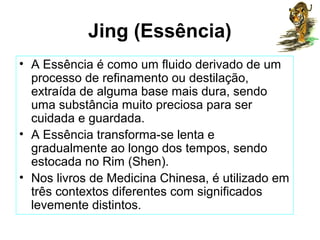 Jing (Essência)
• A Essência é como um fluido derivado de um
processo de refinamento ou destilação,
extraída de alguma base mais dura, sendo
uma substância muito preciosa para ser
cuidada e guardada.
• A Essência transforma-se lenta e
gradualmente ao longo dos tempos, sendo
estocada no Rim (Shen).
• Nos livros de Medicina Chinesa, é utilizado em
três contextos diferentes com significados
levemente distintos.
 