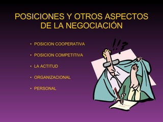 POSICIONES Y OTROS ASPECTOS DE LA NEGOCIACIÓN POSICION COOPERATIVA POSICION COMPETITIVA LA ACTITUD ORGANIZACIONAL PERSONAL 