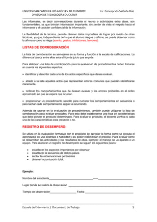 UNIVERSIDAD CATOLICA LOS ANGELES DE CHIMBOTE Lic. Concepción Saldaña Diaz
DIVISION DE TECNOLOGIA EDUCATIVA
-----------------------------------------------------------------------------------------------------------------------------
------------------------------------------------------------------------------------------------------------------------------
Escuela de Enfermería / Documento de Trabajo 5
Las informales, es decir conversaciones durante el recreo o actividades extra clase, son
fundamentales, ya que brindan información importante, sin perder de vista el respeto hacia el
informante y el carácter confidencial de la información.
La flexibilidad de la técnica, permite obtener datos imposibles de lograr por medio de otras
técnicas, ya que, independiente de lo que el alumno niegue o afirme, se puede observar como
lo afirma o como lo niega (acento, gestos, inhibiciones, temores).
LISTAS DE CORROBORACIÓN
La lista de corroboración es semejante en su forma y función a la escala de calificaciones. La
diferencia básica entre ellas esta el tipo de juicio que se pide.
Para elaborar una lista de corroboración para la evaluación de procedimientos deben tomarse
en cuenta los siguientes aspectos.
• identificar y describir cada uno de los actos específicos que desea evaluar.
• añadir a la lista aquellos actos que representan errores comunes que puedan identificarse
claramente.
• ordenar los comportamientos que de desean evaluar y los errores probables en el orden
aproximado en que se espera que ocurran.
• proporcionar un procedimiento sencillo para numerar los comportamientos en secuencia o
para tachar cada comportamiento según va ocurriendo.
Además de usarse en la evaluación de procedimientos, también puede utilizarse la lista de
corroboración para evaluar productos. Para esto debe establecerse una lista de características
que debe poseer el producto determinado. Para evaluar el producto, el docente verifica si cada
una de las características esta presente o no.
REGISTRO DE DESEMPEÑO:
Se utiliza en la evaluación formativa con el propósito de apreciar la forma como se ejecuta el
aprendizaje de una destreza o habilidad y así poder realimentar el proceso. Para evaluar como
se desarrollan las actividades y los resultados de ellas, ejemplo: el manejo de un aparato o un
equipo. Para elaborar un registro de desempeño se siguen los siguientes pasos:
• establecer los aspectos importantes por observar
• establecer la secuencia de dichos pasos
• anotar las observaciones pertinentes
• obtener la puntuación total.
Ejemplo:
Nombre del estudiante______________________________------_______________________
Lugar donde se realiza la observación ____________________________________________
Tiempo de observación__________________ Fecha _________________________________
 