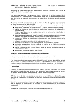 UNIVERSIDAD CATOLICA LOS ANGELES DE CHIMBOTE Lic. Concepción Saldaña Diaz
DIVISION DE TECNOLOGIA EDUCATIVA
-----------------------------------------------------------------------------------------------------------------------------
------------------------------------------------------------------------------------------------------------------------------
Escuela de Enfermería / Documento de Trabajo 7
relativas a las maneras de mejorar el aprendizaje o desarrollar conductas; esto cuando se
requiere de algunas interpretaciones.
Los objetivos propuestos y los productos guiarán al docente en la determinación de las
conductas que va a tomar en cuenta. Además, estar alertas ante los incidentes excepcionales
que contribuyen a una mejor comprensión del patrón único de comportamiento de cada
alumno.
Para limitar y controlar tas observaciones de un sistema realista de registros, se pueden tomar
en cuenta las siguientes recomendaciones:
• Destacar aspectos tanto positivos como negativos del comportamiento del educando.
• Realizar las anotaciones en forma descriptiva y objetiva , sin interpretación personal
• Aplicar a estudiantes con limitaciones académicas, problemas de adaptación o
sobresalientes.
• Observar periódicamente, al estudiante con el fin de concretar las necesidades de
atención que presenta.
• Determinar por adelantado lo que se va observar, pero se debe permanecer en estado
de alerta para descubrir cualquier comportamiento poco frecuente o particular.
• Observar y registrar la situación con frecuencia para que el comportamiento tenga
significado.
• Registrar el incidente tan pronto como se da la observación.
• Limite cada anécdota a una breve descripción de un solo incidente concreto.
• Mantenga separadas las descripciones de los hechos de la interpretación de los
mismos.
• Reúna varias anécdotas de un alumno antes de derivar influencias relativas al
comportamiento típico.
• Practique la escritura de registros anecdóticos.
Ventajas y limitaciones de los registros anecdóticos: Ventajas:
- Proporciona una descripción del comportamiento real en situaciones naturales.
- Su empleo es más recomendable en alumnos de los primeros años de la Educación General
Básica. Tienen un valor especial porque los niños a corta edad tienden a ser espontáneos y
menos inhibidos en sus actos, su comportamiento es más fácil de observar y de interpretar.
Limitaciones:
El tiempo es un factor principal para mantener un sistema adecuado de registros. Por lo tanto,
para obtener un cuadro digno de confianza de la pauta típica de comportamiento de un alumno,
se necesita observar durante un cierto período y dentro de varias situaciones.
Dificultad de ser objetivo, cuando se observa el comportamiento del alumno. Lo ideal es lograr
una serie de "instantáneas" verbales que con precisión representen el comportamiento real del
alumno.
Cuando son varios los docentes que llevan registros anecdóticos de un mismo alumno, sucede
que los prejuicios de uno cualquiera en particular, se tornan menos capaces de influir en el
cuadro total.
WEBGRAFÍA: http://html.rincondelvago.com/evaluacion-educativa.html
 
