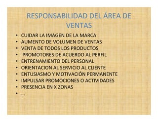 RESPONSABILIDAD DEL ÁREA DE
              VENTAS
•   CUIDAR LA IMAGEN DE LA MARCA
•   AUMENTO DE VOLUMEN DE VENTAS
•   VENTA DE TODOS LOS PRODUCTOS
•    PROMOTORES DE ACUERDO AL PERFIL
•   ENTRENAMIENTO DEL PERSONAL
•   ORIENTACION AL SERVICIO AL CLIENTE
•   ENTUSIASMO Y MOTIVACIÓN PERMANENTE
•   IMPULSAR PROMOCIONES O ACTIVIDADES
•   PRESENCIA EN X ZONAS
•   …
 