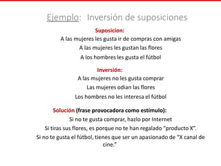 Suposicion:
A las mujeres les gusta ir de compras con amigas
A las mujeres les gustan las flores
A los hombres les gusta el fútbol
Inversión:
A las mujeres no les gusta comprar
Las mujeres odian las flores
Los hombres no les interesa el fútbol
Solución (frase provocadora como estímulo):
Si no te gusta comprar, hazlo por Internet
Si tiras sus flores, es porque no te han regalado “producto X”.
Si no te gusta el fútbol, tienes que ser un apasionado de “X canal de
cine.”
Ejemplo: Inversión de suposiciones
 