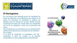 Es una técnica que pretende poner de manifiesto los
lazos de influencia y de preferencia que existen en el
grupo. En educación es manifiesta su utilidad, por
ejemplo, para un docente es de gran utilidad conocer
la presencia de lazos de vínculo entre sus estudiantes
con el fin de utilizarlos a favor de la promoción del
grupo.
Los sociogramas se caracterizan por la representación
gráfica de las elecciones y rechazos de los individuos
de un grupo.
A la hora de interpretar el sociograma hay dos
cuestiones a tener en cuenta: a) la posición
sociométrica y b) las configuraciones sociométricas.
El Sociograma
 